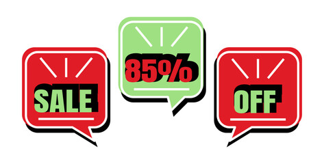 85% off. Sale. Three speech bubbles in red and green colors.