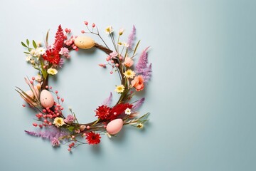 Easter wreath with flowers and eggs on a blue background.