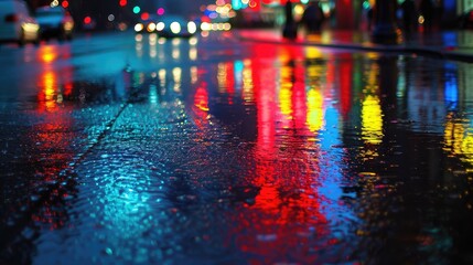Neon-lit street with reflections on wet pavement, Glowing neon-lit street with reflections...