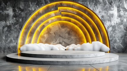 3d render, abstract minimal yellow background with white clouds flying out the tunnel