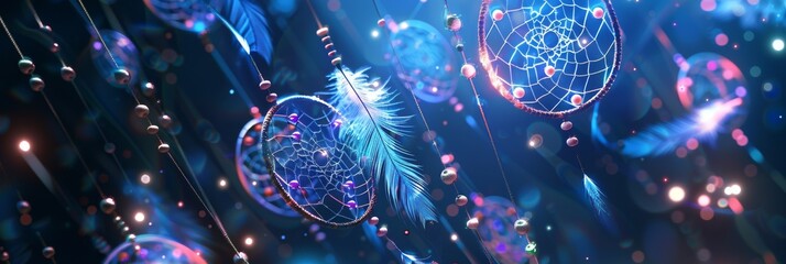 Dreamcatcher with feathers, beads, and woven nets adorned with small, psychedelic patterns and soft, glowing lights. This design symbolizes dreamy wanderlust created with Generative AI Technology - obrazy, fototapety, plakaty