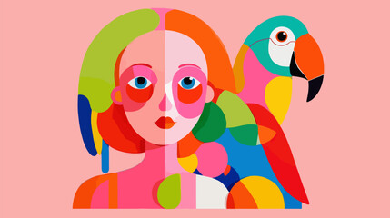 Fototapeta premium Woman With Parrot on Shoulder vector illustration