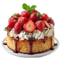 Cake with strawberries and whipped cream isolated on transparent background.