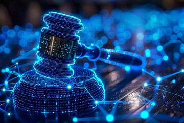 high tech blue Digital gavel surrounded by digital data on blue bokeh background , representing the role of AI in business justice. judge hammer - obrazy, fototapety, plakaty