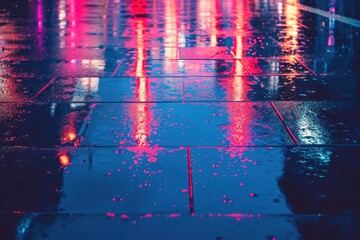 Neon-lit street with reflections on wet pavement, Glowing neon-lit street with reflections shimmering on wet pavement.