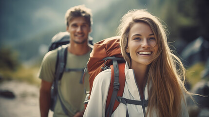 Fototapeta premium Happy young couple travel and hikeing outdoor adventure in summer. Pretty smiling people are active in nature and taking selfie portrait on phone. Cheerful couple enjoying backpacking life