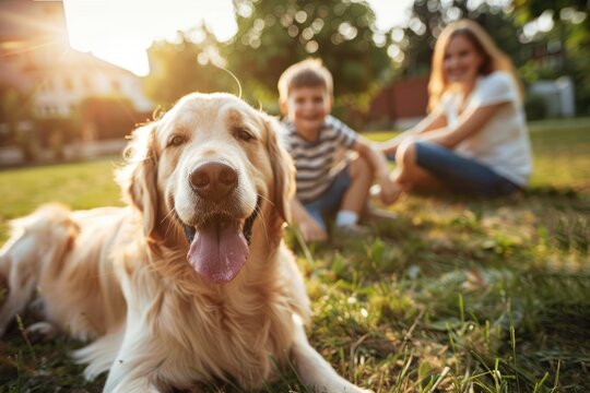 A woman and two children are playing with a golden retriever in a grassy yard by AI generated image