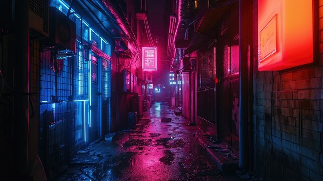 Neon-lit urban alleyway for a mysterious atmosphere, Enigmatic urban alley bathed in neon lights for a mysterious ambiance.