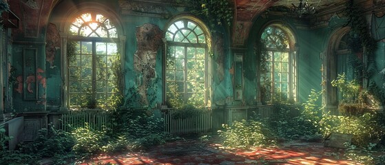Abandoned mansion, secrets in every room, colorful wallpapers, natural lighting through broken windows, photorealistic ,3DCG,high resulution - obrazy, fototapety, plakaty