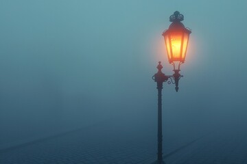Random, charming street lamp barely visible in a dense fog, photorealistic depiction ,3DCG,clean sharp focus