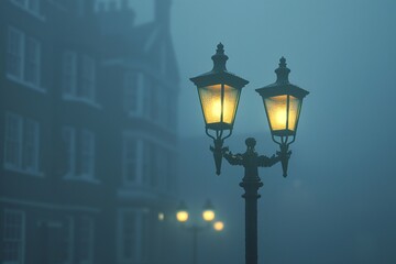 Fototapeta na wymiar Random, charming street lamp barely visible in a dense fog, photorealistic depiction ,3DCG,clean sharp focus