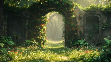 Naklejka premium Secret garden gate, overgrown and mysterious, photorealistic with vibrant, natural lighting ,3DCG,clean sharp focus