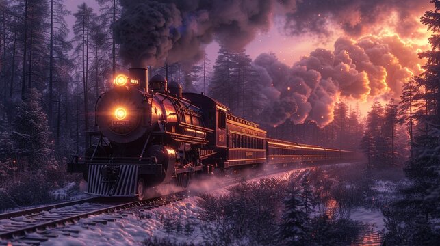 Photorealistic image of a steam trains headlamp lighting up the tracks at twilight, serene and majestic ,3DCG,high resulution