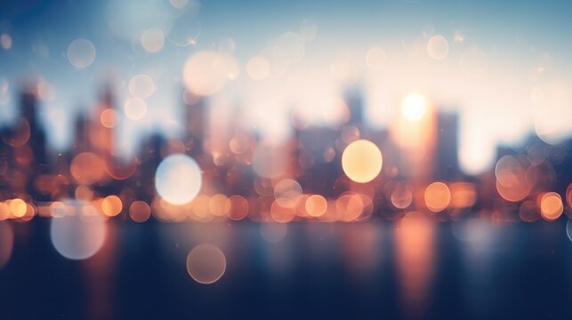 Abstract Background of Beautiful Out of Focus City Lights, Blurred View of City Skyline at Sunset