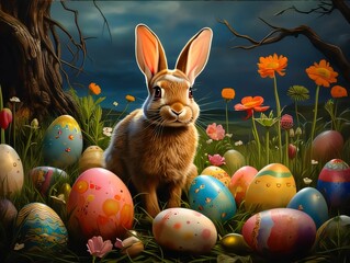 Easter bunny with colorful eggs in the meadow, 3d illustration
