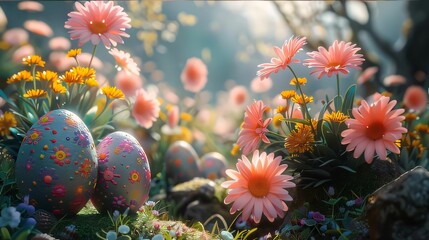 Fototapeta na wymiar Easter eggs in the garden with daisy flowers. Easter concept.
