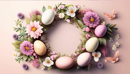 Naklejka na ściany i meble Easter wreath with pink eggs, flowers and butterflies. 3d illustration