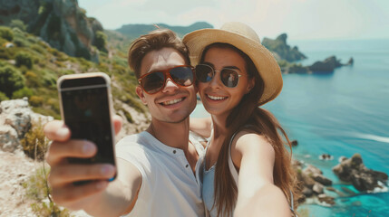 Happy young couple travel and hikeing outdoor adventure in summer. Pretty smiling people are active in nature and taking selfie portrait on phone. Cheerful couple enjoying backpacking life