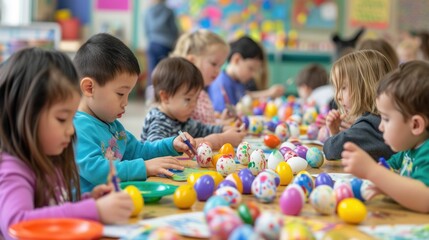 A toddler is sitting at a table happily painting Easter eggs, showcasing his adaptation skills and having fun in a leisure activity. His smile shows he is enjoying the recreation time AIG42E - obrazy, fototapety, plakaty