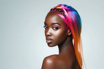 Portrait of a model with vibrant, colorful hair extensions in a trendy ombre style, Fashion...
