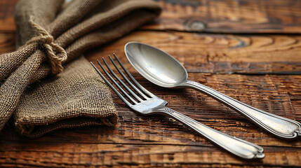 Vintage silverware with fork and spoon on rustic wooden background next to burlap cloth.