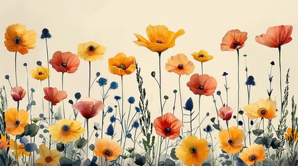 Flower Seamless Pattern with Fields - obrazy, fototapety, plakaty