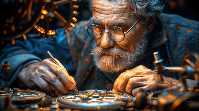 Focused elderly watchmaker repairing intricate mechanical watches in a dimly lit workshop.