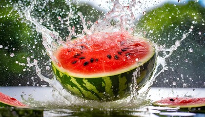 A watermelon drops, splashing water around