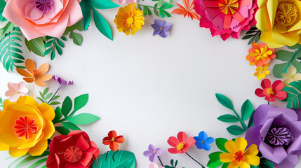 Vibrant Paper Craft Floral Frame on White Background
