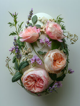 A beautifully curated floral arrangement on Easter egg with varying shades of pink and green, beautiful flowers design, wallpaper, background, greeting card. Uskrsnje jaje. Cestitka za Uskrs