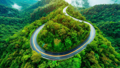  Aerial top view beautiful curve road on green forest - 774064906