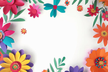Colorful Paper Craft Flowers Border on White Background