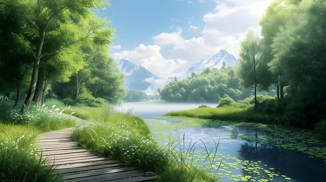 Lush green trees border a sparkling river reflecting a bright summer sky in a scenic forest landscape nature wallpaper.