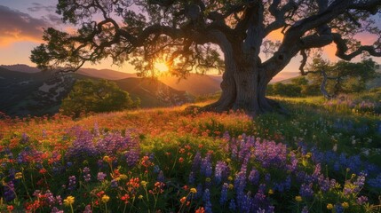 Sunset bathes an ancient tree and a vibrant wildflower meadow in warm light, with rolling hills in the backdrop. - 774065526