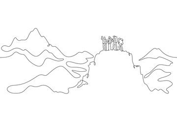 Tourists to the top. Group climbing in the mountains. Mountain landscape. One continuous line . Line art. Minimal single line.White background. One line drawing. - obrazy, fototapety, plakaty
