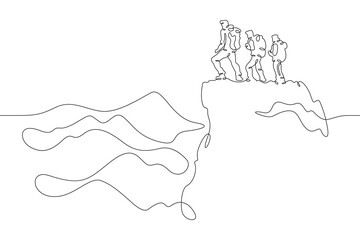 Tourists to the top. Group climbing in the mountains. Mountain landscape. One continuous line . Line art. Minimal single line.White background. One line drawing. - obrazy, fototapety, plakaty