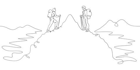 Tourists to the top. Group climbing in the mountains. Mountain landscape. One continuous line . Line art. Minimal single line.White background. One line drawing.