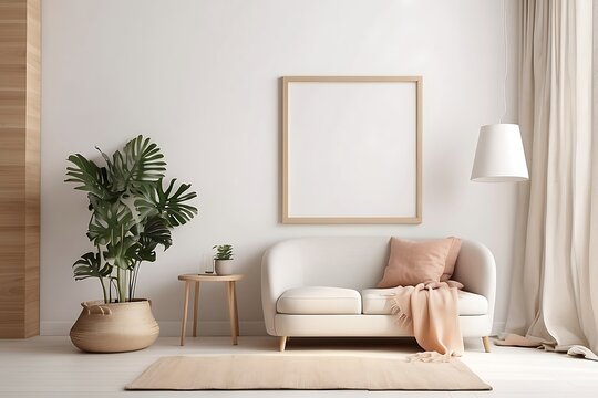 Living room interior with white sofa, plant and mock up poster frame. 3d render