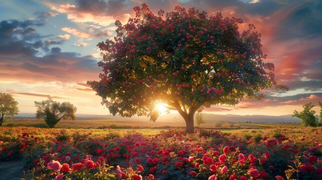 The setting sun casts a warm glow through the branches of a blossoming tree surrounded by a lush garden of blooming roses.