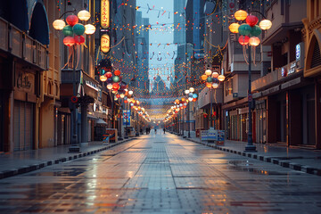 Deserted street adorned with lanterns and festive decorations