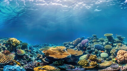 Vibrant coral reef under crystal-clear blue water, teeming with various forms of marine life and colorful corals