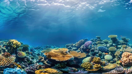 Foto op Aluminium Vibrant coral reef under crystal-clear blue water, teeming with various forms of marine life and colorful corals © Татьяна Макарова