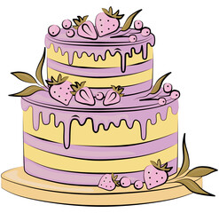 Birthday cake with strawberry isolated illustration. Sweet cake for a surprise birthday, mother's Day, Valentine's Day on a pink background.