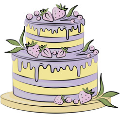 Birthday cake with strawberry isolated illustration. Sweet cake for a surprise birthday, mother's Day, Valentine's Day on a pink background.