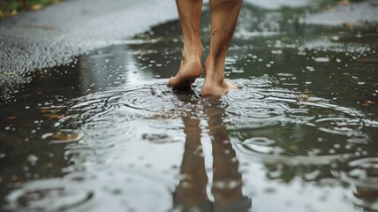 Bare feet walking through a puddle on wet surface reflecting the surroundings