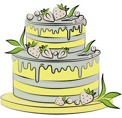 Birthday cake with strawberry isolated illustration. Sweet cake for a surprise birthday, mother's Day, Valentine's Day on a pink background.