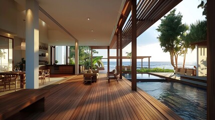 Open Space Villa Resort: Cosy Interior Design Connecting Living Area, Patio Balcony, and Water Pool