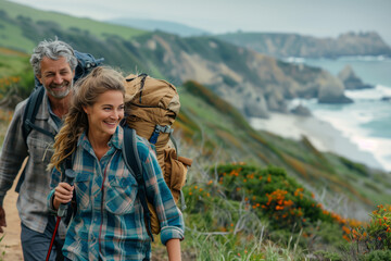 A cheerful middle-aged couple enjoys a scenic hike along a coastal trail, surrounded by lush greenery and the ocean backdrop, during a trip abroad.