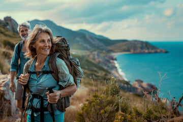 A radiant mature couple engages in a joyful hike on a rugged coastal trail, with the sea's vast...