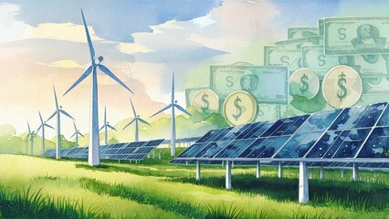 Tranquil Watercolor Illustration: Sustainable Green Energy Project - obrazy, fototapety, plakaty